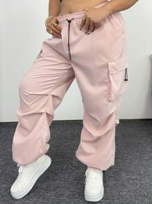 SHEIN MOOSTA Plus Size Women's Casual Solid Color Multi-Pocket Drawstring Cargo Pants - Pink - View 4