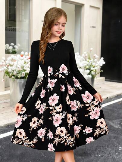 SHEIN Leap Crew Tween Girls' Ribbed Knit Floral Print Long Sleeve Fitted Elegant Dress, French Chic Floral Dress, Countryside Style, Ideal For New Year Party, Valentine's Day, Casual Spring Outing