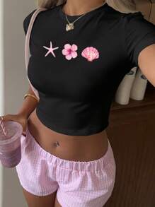 Aloruh 休闲简约海星花贝壳图案圆领短袖短款修身女式T恤，适合夏季