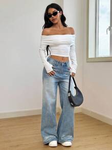 INAWLY Women's Solid Color Off-Shoulder Pleated Long Sleeve Cropped Slim Fit T-Shirt For Spring And Summer