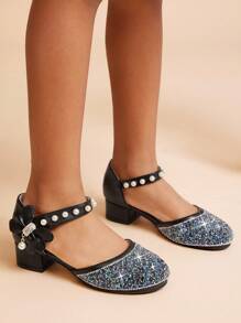 Mini mi Princess-Approved Girls Pearl&Bow Detail Black Block Heel Dress Pumps – Elegant Princess Heels With Ankle Strap, Sparkling Rhinestone & Flower Girl Style For Weddings & Special Events - Black - View 2