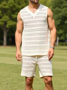 Manfinity Homme Men's Solid Color V-Neck Knitted Sleeveless Casual Hollow-Out Pullover, Summer Sweater Rave Outfits - Apricot - View 6
