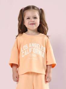 SUMWON Los Angeles California Girls Two Piece Summer Casual Crop Sweatshirt Short Set Varsity Style Wear - Orange - View 3