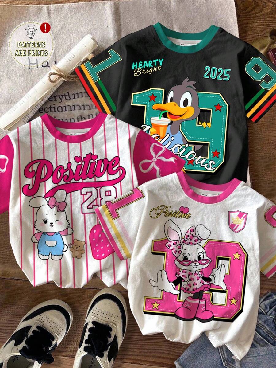 3件/包 女童休闲可爱卡通图案运动T恤，甜美时尚学院风，适合春夏、返校季、毕业季，Y2K 90年代风格童装