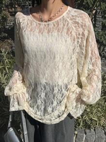 FRIFUL Women's Apricot Loose Sheer Cover Up, Lace Camisole With Bell Sleeve, Spring/Summer,Ruffle Long Sleeve Women Tops - Apricot - View 8