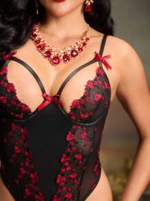 女士花卉刺绣吊带性感连体裤 - 黑色 - 查看 5