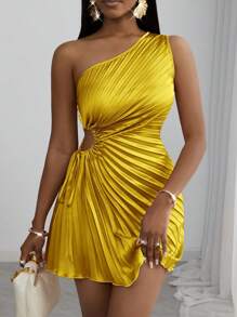 Slaydiva 全新夏季度假海滩优雅无袖单肩腰镂空抽绳百褶连衣裙半身裙 - A