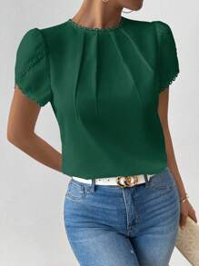 RosyDaze 女士休闲纯色蕾丝拼接荷叶边领口荷叶边袖衬衫，适合大学穿着