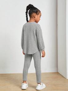 Niñas Leggings con camiseta tejido de canalé de hombros caídos bajo curvo - Gris Claro - Ver 2