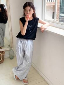 Dazy Kids 2pcs Tween Girl Set: Bow Print Round Neck Knit Top + Woven Striped Pants, Autumn - Black - View 3