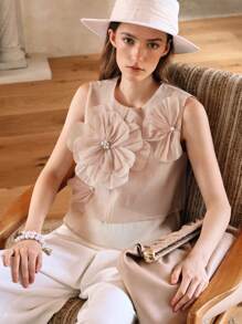 Arave Women's Oganza Sleeveless Commuter Casual Vacation Asymmetric Hem Short 3d Floral Design Crop Top ,Babydoll Top,Back To School Clothes,Vacation Outfits Women,Birthday Outfits For Women