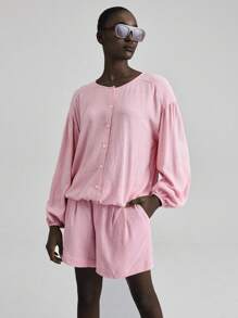 Ontre Vacation Style, Independence Day, 2025 New Arrival, Casual Shirt, Solid Color, Long Sleeve, Round Neck, Fashion, Suitable For Summer, Independence Day, Women, St. John's Day, Beach, Seaside, Holiday, Graduation, Office