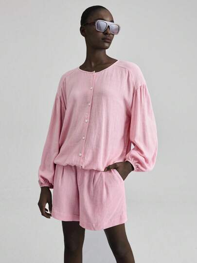 Ontre Vacation Style, Independence Day, 2025 New Arrival, Casual Shirt, Solid Color, Long Sleeve, Round Neck, Fashion, Suitable For Summer, Independence Day, Women, St. John's Day, Beach, Seaside, Holiday, Graduation, Office