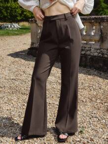 lacRébo Chocolate High Waisted Woven Tailored Trouser Office Teacher Spring Summer - Brown - View 1