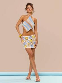 MUSERA 牡蛎珍珠风格条纹钩编针织手帕饰边上衣，适合度假、节日、可爱、休闲、优雅的托斯卡纳阳光海滩伊比沙岛春夏装扮 - 彩色 - 查看 5