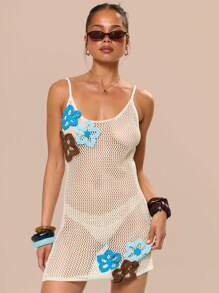 MUSERA Scoop Neck Floral Applique Crochet Fitted Mini Dress Cover Up Beach Swim Rave Summer Vacation Holiday Festival Cute Casual Elegant Tuscan Sun