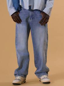 Musero Men Washed Denim Baggy Jeans Button Fastening Belt Loop Detailing Spring Summer Vacation - Light Grey - View 2