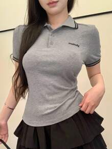 DAZY Women Summer Striped Webbing Contrast Patchwork Embroidered Letter Polo Shirt Short Sleeve T-Shirt Preppy Tops - Grey - View 8