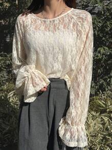 FRIFUL Women's Apricot Loose Sheer Cover Up, Lace Camisole With Bell Sleeve, Spring/Summer,Ruffle Long Sleeve Women Tops - Apricot - View 1