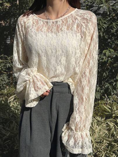 FRIFUL レディース アプリコット ルーズシアーカバーアップ、レースキャミソール ベルスリーブ、春夏、フリル長袖レディーストップス