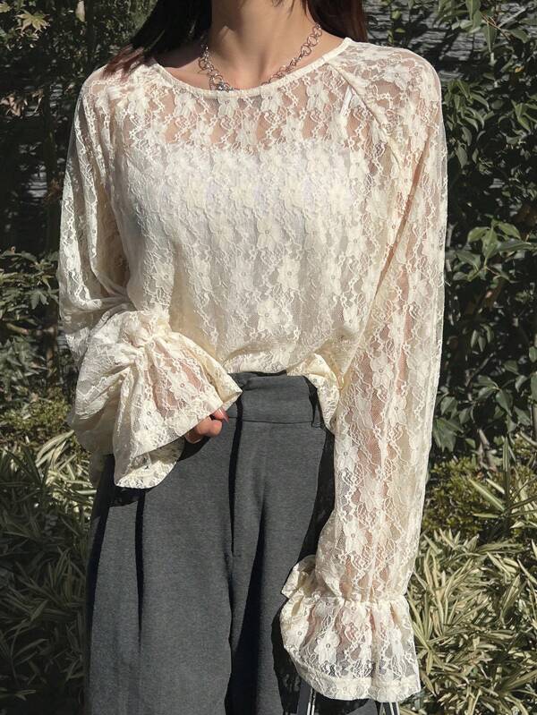 FRIFUL Women's Apricot Loose Sheer Cover Up, Lace Camisole With Bell Sleeve, Spring/Summer,Ruffle
