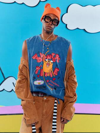 Adventure Time X ROMWE Men's Cartoon And Denim-Effect Print Tank Top, Suitable For Everyday Wear In Spring ,Summer