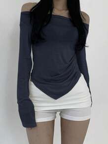 DAZY Maglietta casual da donna con spalle scoperte, tinta unita, orlo asimmetrico, autunnale, abbigliamento back to school, maniche lunghe, top da donna, abbigliamento autunnale da donna