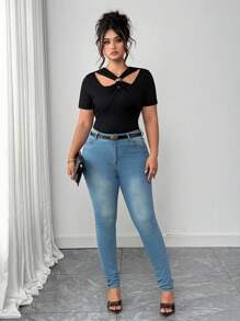 Elenzga Blusa de manga corta con cuello cuadrado para mujer de talla grande, con silueta estilizadora, versátil y de moda para uso diario en primavera/verano - Negro - Ver 6