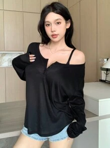 DAZY Solid Half Button Front Drop Shoulder Oversize Tee For Spring And Summer,Fall Clothes Preppy Tops Long Sleeve Women Tops - Black - View 6