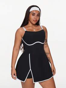 SHEIN Sport Studio Vestido sin mangas con bloque de color para mujer talla grande, con abertura en el dobladillo, shorts incorporados y bolsillos, para primavera/verano
