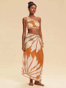 Travachic 女士夏季海滩植物印花性感比基尼套装（含罩衫） - 橘色 - 查看 1