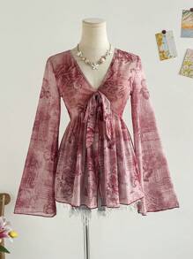 Soleia Women's Retro Newspaper Print V-Neck Front Tie Bow Flare Sleeve Asymmetric Ruffle Hem A-Line Top, Suitable For Vacation, Early Autumn, Party, Date, Afternoon Tea, Layering,Graphic Tops,Night Out  Going Out Tops,Back To School,Homecoming Vintage Blouse Shabby Chic Top Feminine Top Rose Print Blouse