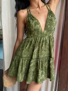 Sunnyshic 女式波西米亚印花露背裹身蝴蝶结领口连衣裙，休闲假日日常百搭时尚，春夏 - 綠色 - 查看 3