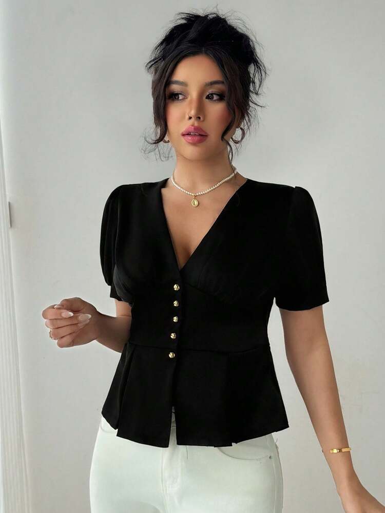 Women's V-Neck Short Sleeve Puff Sleeve Waist Shiny Satin Blouse, Summer