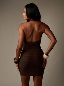 MISSGUIDED Textured Bodycon Halter Mini Dress Mother Of Pearl Embellished Party Club Night Out Evening - Coffee Brown - View 2