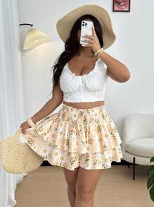 Flirla Plus Size Printed Elastic Waist Double Layer Hem Shorts - Multicolor - View 5