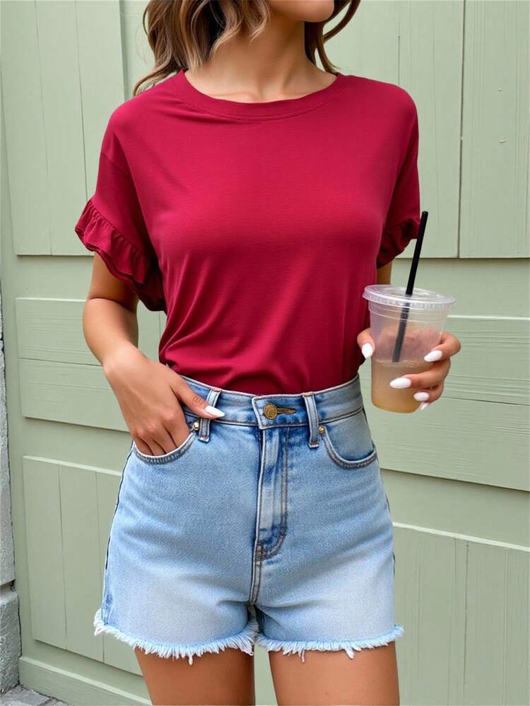 Women's Summer Loose Casual Ruffled Color Block Short Sleeve T-Shirt,Teacher