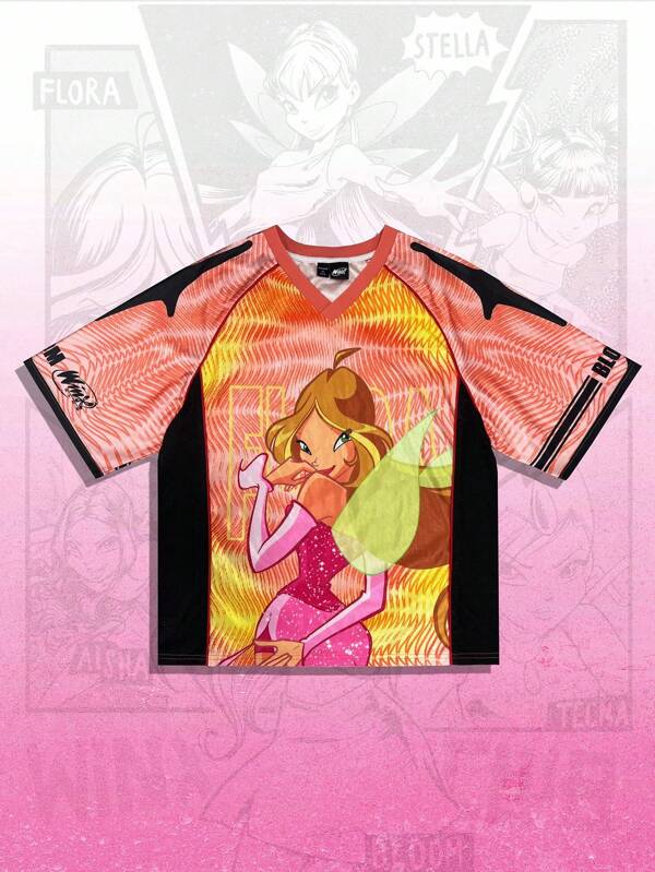 ROMWE MEN Winx Club X ROMWE Tricou bărbătesc casual de stradă, cu imprimeu de figuri de desene animate și stele, în culori contrastante, cu mânecă raglan și decolteu în V, de vară