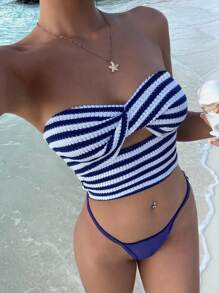Sunnyshic Blau & Weiß gestreiftes Crop Top mit angerauter Ananasstruktur und Twist-Knoten, rückenfreie Passform, elegant sexy für Strandurlaub, Party, Alltagstragen, Lässig Date, süß und niedlich für Damen im Sommer