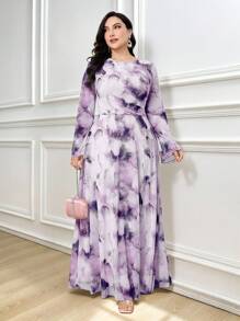 Modelyn 大码女式春秋花卉印花喇叭袖修身腰连衣裙 - 淡紫色 - 查看 4