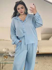 Dazy Plus 2pcs/Set High-End Blouse Top & Fashion Casual Pants, Plus Size Ladies Set