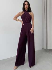 Firerie طقم مكون من قطعتين من لباس علوي مكشوفة الظهر وبنطلون واسع الساق وخصر مرتفع، مناسب للارتداء اليومي والعطلات، أنيق وعصري، مناسب للارتداء خارج المنزل، مناسب للارتداء اليومي والعطلات، باللون البنفسجي الباذنجاني