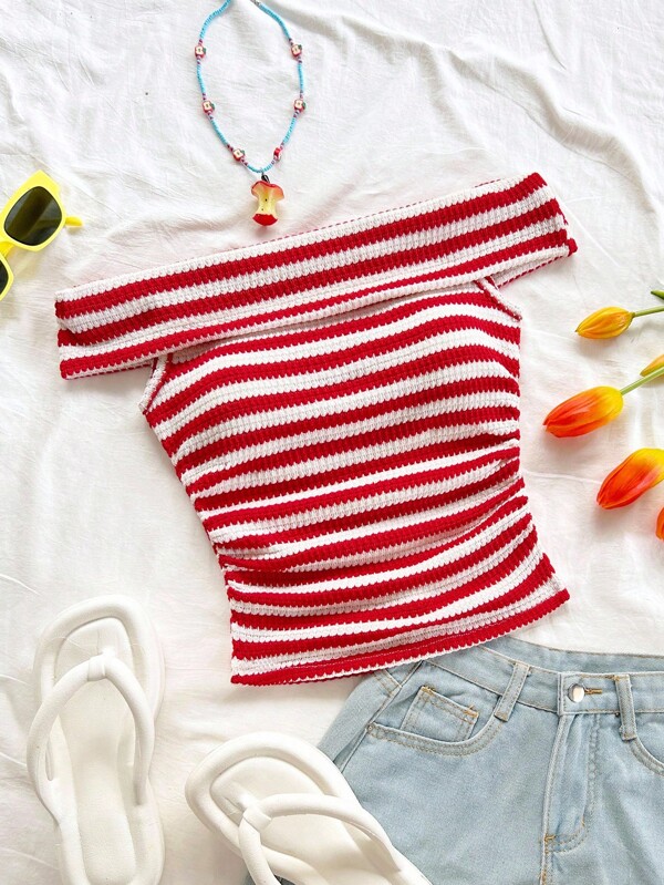 Soleia Women's Holiday Casual Red & White Striped Textured One Shoulder Fitted Crop Top, Suitable For Party, Date, Afternoon Tea, Beach, Vacation, Music Festival, Bohemian, Boho, Romantic Floral