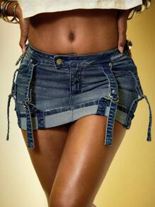 ROMWE J-Fashion Y2K Cyber Girl Punk Harajuku Grunge Hem Design Women Low Waist Mini Denim Skirt - Màu xanh lam - Xem 1