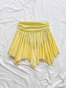 Soleia Women's Holiday Vacation Asymmetric Hem Knitted Mid-Skirt, Goose Yellow Skirt, High Waist Ruched A-Line Skirt, Summer Skirt, Graduation, Wedding Season Wear, Perfect For Vacation,Resort Wear