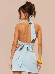 MUSERA 露背深 V 前亚麻外观细条纹上衣夏季假期节日可爱休闲优雅托斯卡纳阳光经典毕业假期少女风 - 藍色 - 查看 4