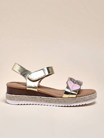 Mini mi Sandales plateforme à semelle épaisse, style espadrille en PU doré avec bride à paillettes en forme de cœur - Confort et style mignon inspiré de la princesse