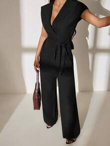 SHEIN PETITE 2pcs Women Elegant Solid Color Twist Front Short Sleeve Blazer And Pants Suit Set Black 2 Pieces Set In Fall/Winter - Black - View 7
