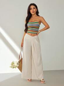 SHEIN PETITE بنطلون نسائي بلون موحد بخصر عالي فضفاض مطوي بساق واسعة كاجوال، للنساء الصغيرات - لون مشمشي - مشاهدة 3