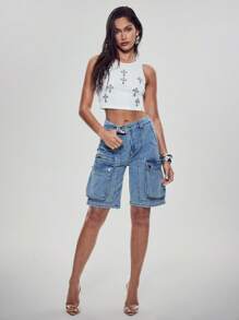 Denimoi Pantalones cortos de mezclilla cargo de uso casual con bolsillo lateral y cintura asimétrica para mujeres en verano